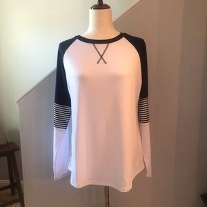 SIMPLE FLAVOR Baseball Tee Shirt Cotton Long Sleeve White Black Sz Large